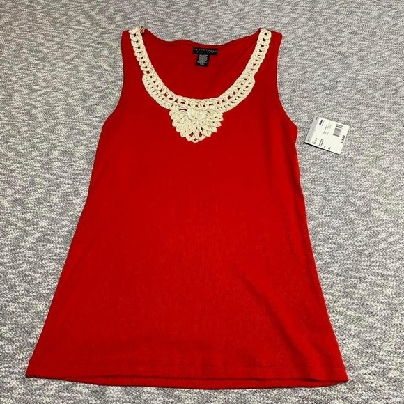 Tops - Apostrophe Red tank top with white lace trim woman XL 100% cotton NWT. SLU-A331